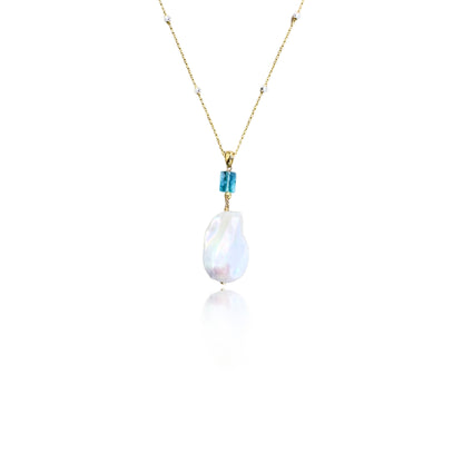 Inner Peace Pendant with White Baroque Pearl and Blue Topaz