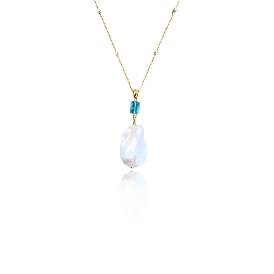 Inner Peace Pendant with White Baroque Pearl and Blue Topaz