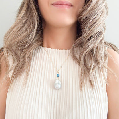 Inner Peace Pendant with White Baroque Pearl and Blue Topaz