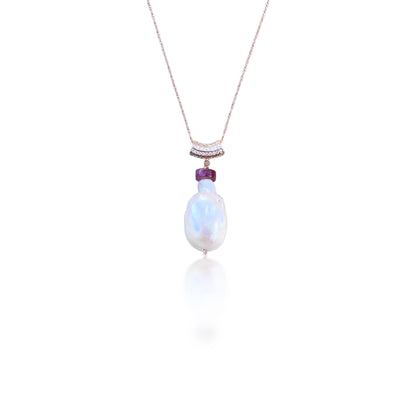 Inner Peace Pendant with White Baroque Pearl, Pink Tourmaline and Rose Gold