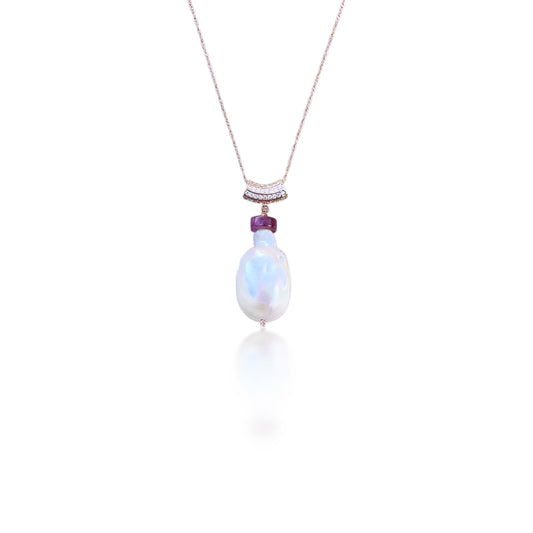 Inner Peace Pendant with White Baroque Pearl, Pink Tourmaline and Rose Gold