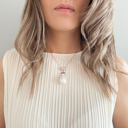 Inner Peace Pendant with White Baroque Pearl, Pink Tourmaline and Rose Gold