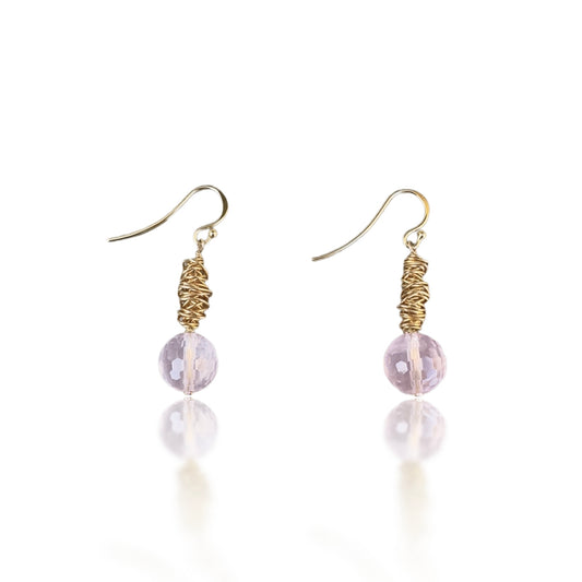 Love Earrings with Rose Quartz and Yellow Gold Wire