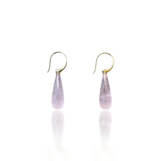 Love Earrings with Rose Quartz Briolette and Yellow Gold