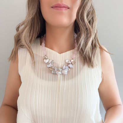 Love Necklace with Rose Quartz and Keshi Pearl