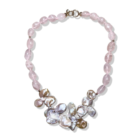 Love Necklace with Rose Quartz and Keshi Pearl