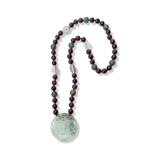 Passion Necklace with Garnet, Burma Jade Pendant and Pure Silver Bead