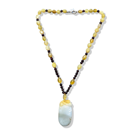 Passion Necklace with Garnet, Yellow Opal and Burma Jade Pi Xiu Pendant