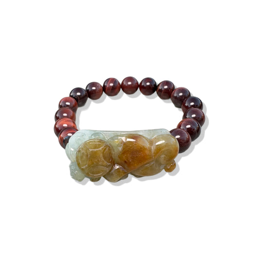 Protection Bangle with Tiger's Eyes and Burma Jade Pi Xiu (貔貅) Carving