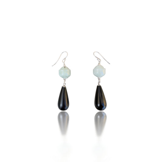 Protection Earrings with Matt Finish Onyx and Green Jade Rose Carving