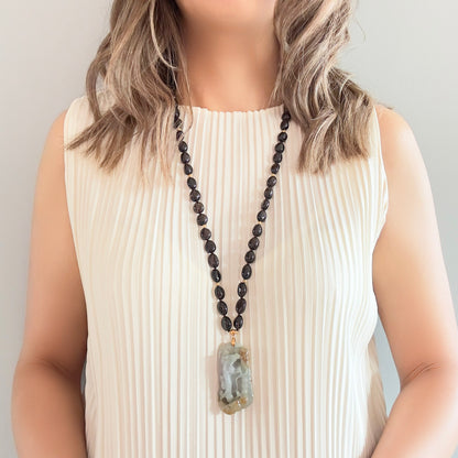 Protection Necklace with Smoky Quartz and Lizard Jade Carving