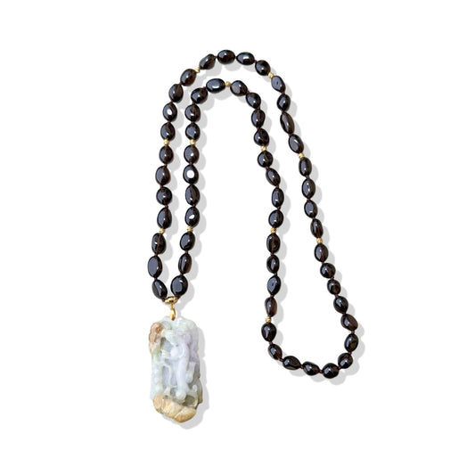 Protection Necklace with Smoky Quartz and Lizard Jade Carving