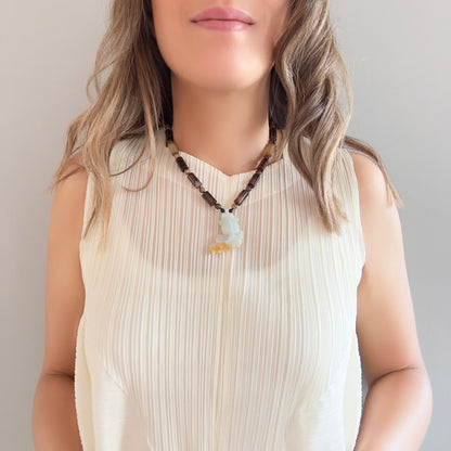 Protection Necklace with Lace Agate and Gold Fish Jade Carving