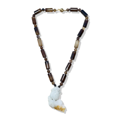 Protection Necklace with Lace Agate and Gold Fish Jade Carving