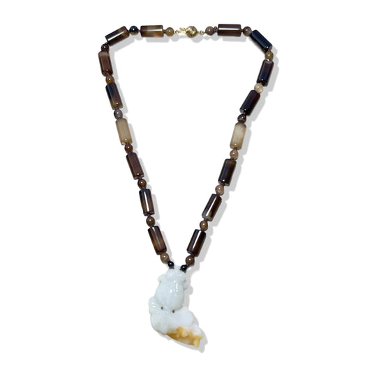 Protection Necklace with Lace Agate and Gold Fish Jade Carving