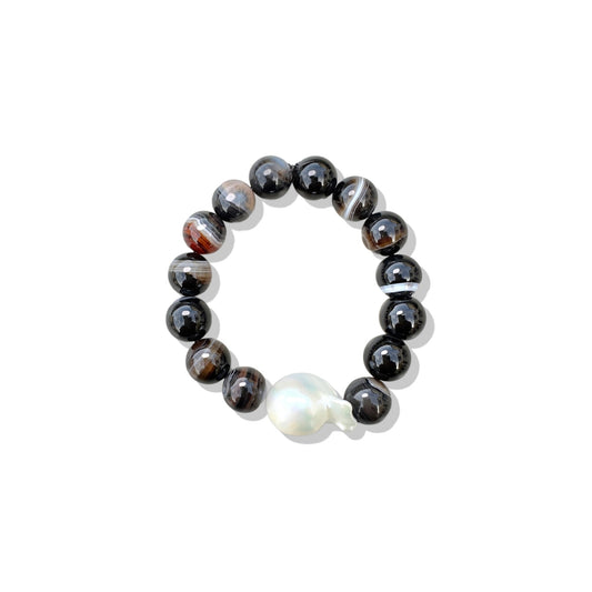 Protection Bracelet with Black Lace Agate and Freshwater Pearl