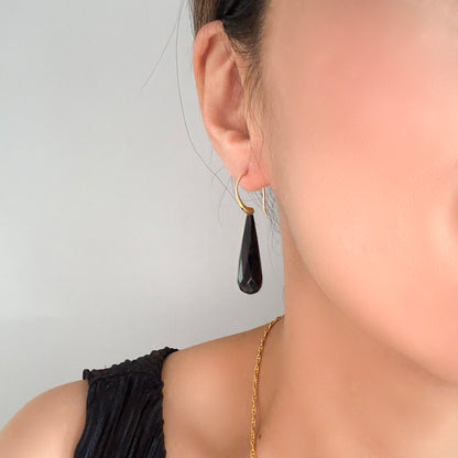 Protection Earring with Onyx Briolette and Yellow Gold