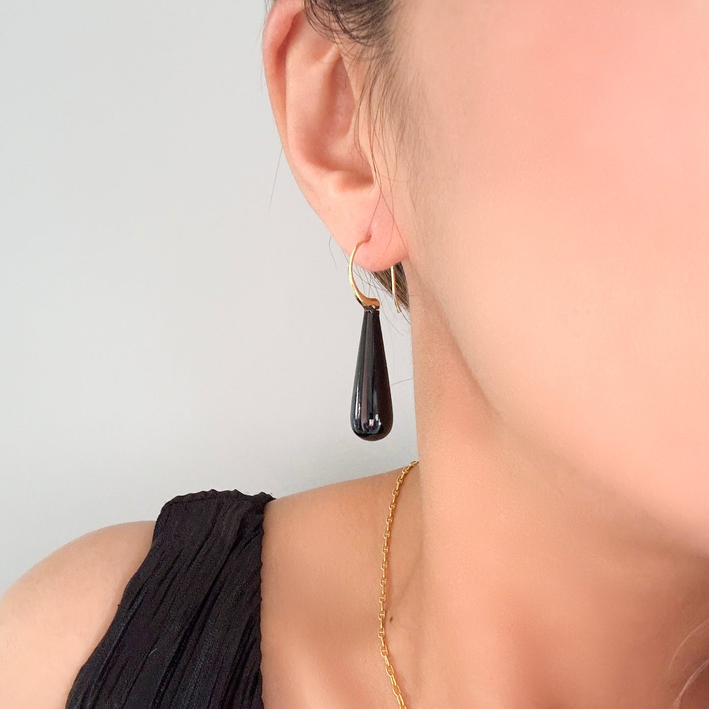 Protection Earring with Onyx Briolette and Yellow Gold