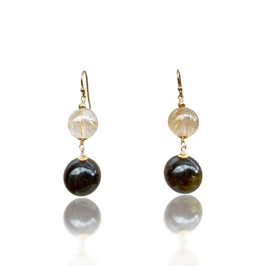 Protection Earrings with Obsidian, Gold Rutilated Quartz and Yellow Gold