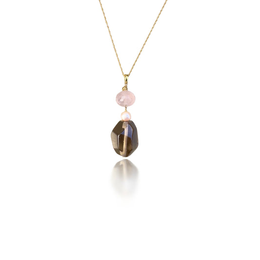 Protection Pendant with Smoky Quartz, Rose Quartz and Freshwater Pearl