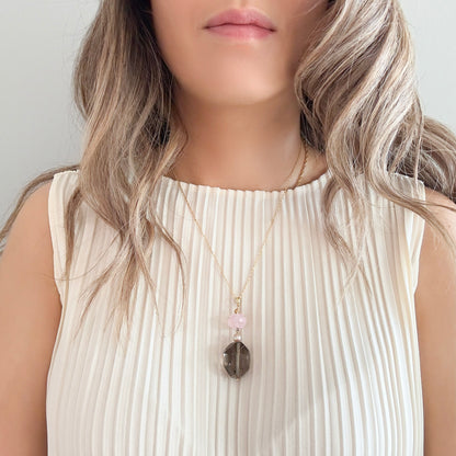 Protection Pendant with Smoky Quartz, Rose Quartz and Freshwater Pearl