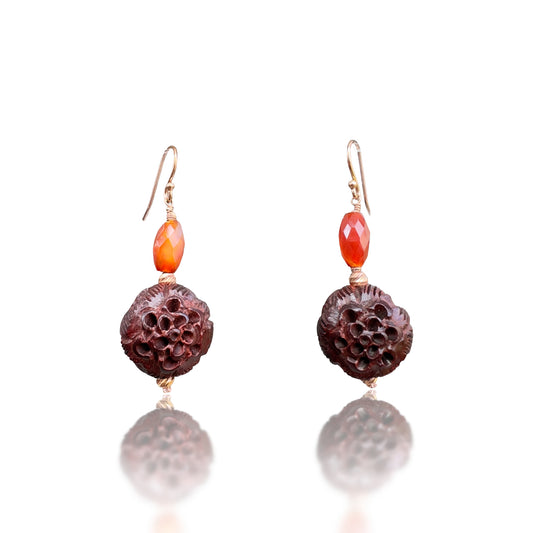 The Renewal Earrings with Wood Carving Bead, Carnelian and Rose Gold