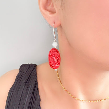 Warmth Earring with Red Cinnabar Bird Carving and Green Burma Jade