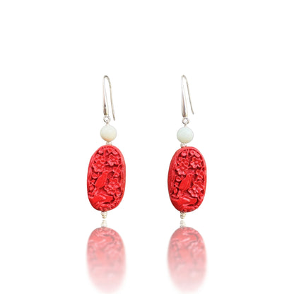 Warmth Earring with Red Cinnabar Bird Carving and Green Burma Jade
