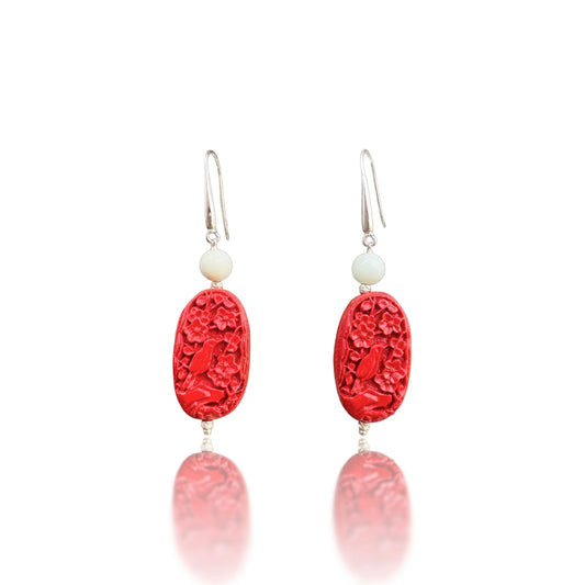 Warmth Earring with Red Cinnabar Bird Carving and Green Burma Jade
