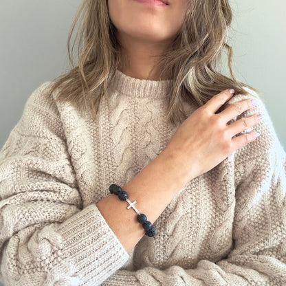 Grounding Bracelet – Black Lava & Silver Cross