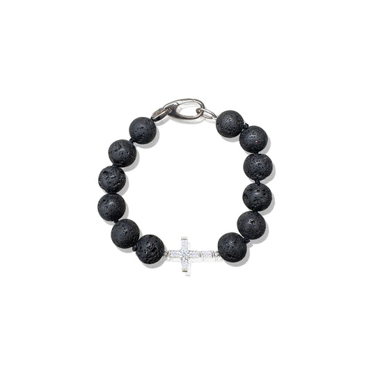 Grounding Bracelet – Black Lava & Silver Cross